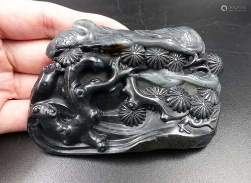 CHINESE GREY JADE CARVED CRANE AND PINE TREE MOTIF