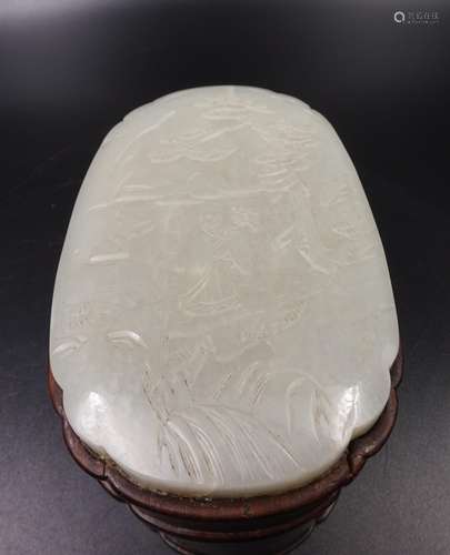 CHINESE ROSE WOOD COVER BOX WITH WHITE JADE PLAQUE