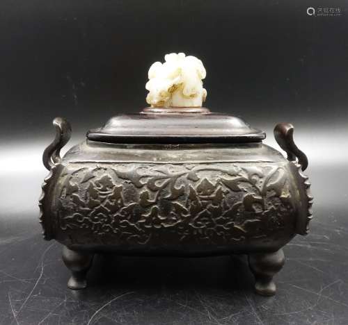 CHINESE BRONZE CENSER WITH JADE FINIAL