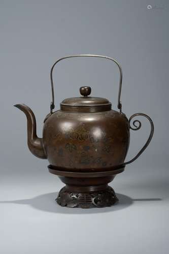 CHINESE BRONZE TEA POT WITH SILVER WIRES INLAID