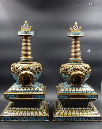 PAIR CHINESE CLOISONNE STUPA