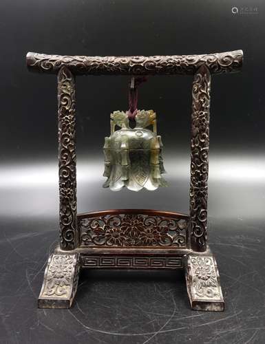 CHINESE SPINACH JADE BELL ON ROSE WOOD FRAME