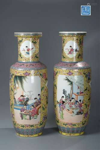 PAIR OF CHINESE FAMILLE ROSE ROULEAU VASE