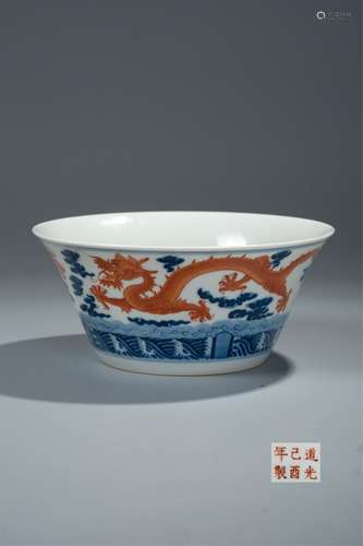 CHINESE BLUE AND WHITE IRON RED DRAGON BOWL