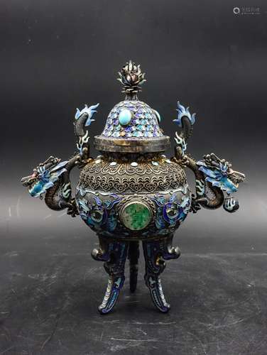 CHINESE SILVER ENAMEL TRIPOD CENSER