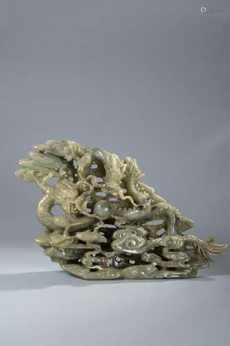 CHINESE CELADON JADE CARVED TWIN DRAGONS