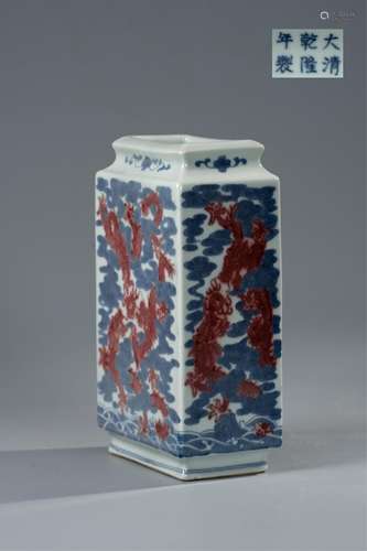 CHINESE BLUE WHITE IRON RED SQUARE VASE