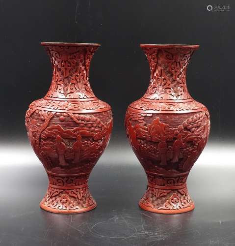 PAIR CHINESE CINNABAR LACQUER FLOWER VASE