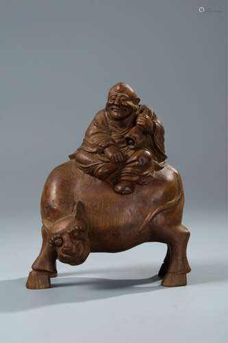 CHINESE BAMBOO ROOT CARVED LOHAN ON BEAST