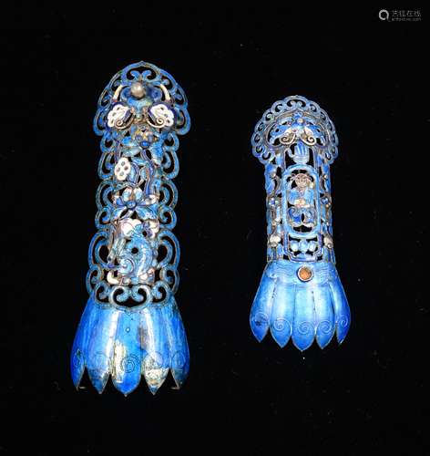 PAIR CHINESE SILVER ENAMEL HAIRPIN