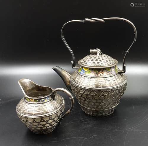 CHINESE SILVER ENAMEL TEA SET, 2 PIECES