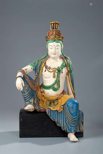 CHINESE POLYCHROME WOOD FIGURE OF GUANYIN