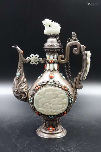 CHINESE MONGOLIAN SILVER WINE EWER INLAID JADE