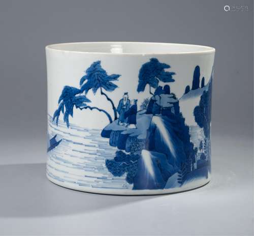 CHINESE BLUE AND WHITE PORCELAIN BRUSH POT