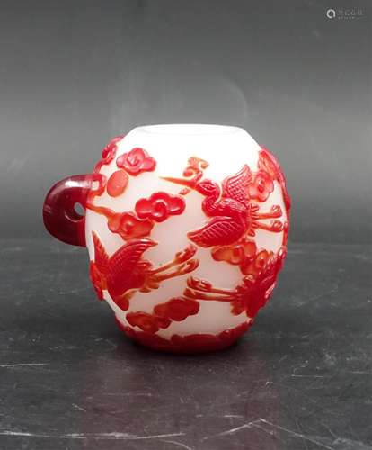 CHINESE RED OVER WHITE PEKING GLASS BIRD FEEDER