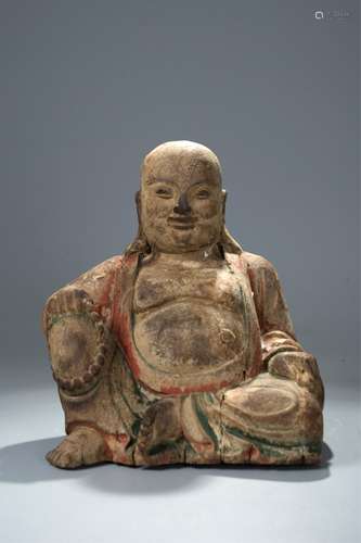 CHINESE WOOD CARVED FIGURE OF BUDDHA