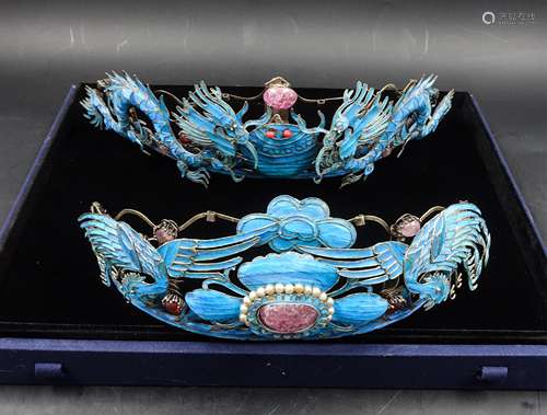 PAIR CHINESE KINGFISHER FEATHER HEAD CROWN