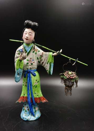 CHINESE SILVER ENAMEL FIGURE OF LADY WITH BASKET