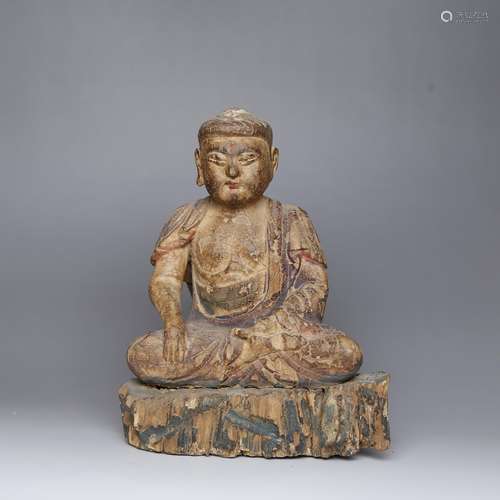 CHINESE WOOD CARVED FIGURE OF BUDDHA