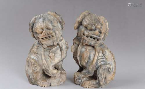 PAIR OF CHINESE SOAP STONE FOOLIONS