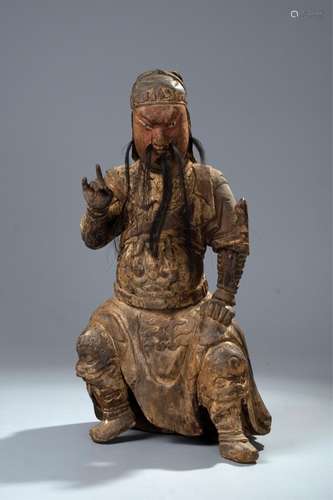 CHINESE WOOD CARVED FIGURE OF GUANDI