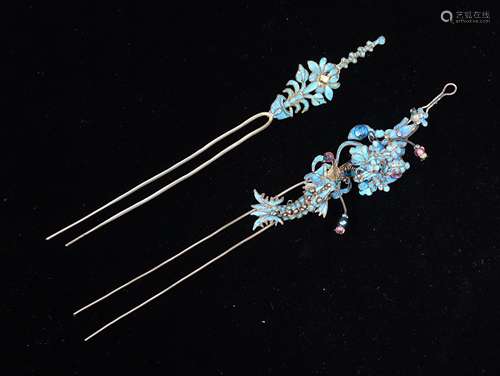 PAIR CHINESE KINGFISHER FEATHERS SILVER HAIRPINS