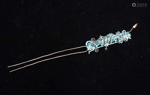 CHINESE KINGFISHER FEATHERS SILVER HAIRPIN