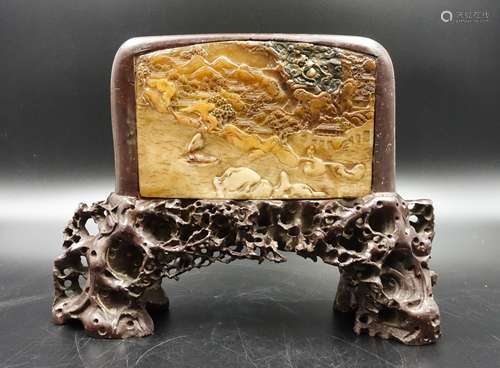 CHINESE SOAP STONE PLAQUE TABLE SCREEN