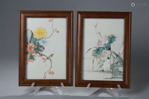 PAIR OF CHINESE FAMILLE ROSE PORCELAIN PLAQUES