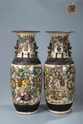 PAIR CHINESE CRACKLE GLAZED VASE, WARRIOR SCENE