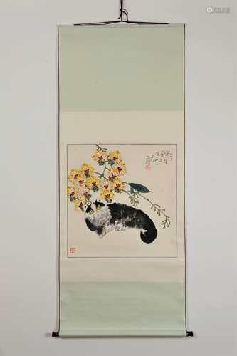 CHINESE INK AND COLOR ON PAPER SCROLL PAINTING