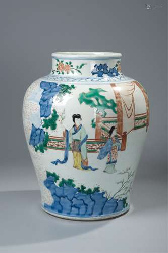 CHINESE BLUE AND WHITE WUCAI FIGURAL JAR