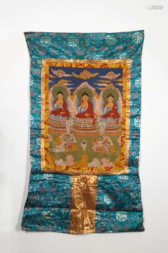 CHINESE EMBROIDERY THANGKA OF THREE BUDDHAS