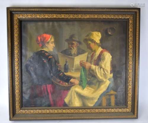 Antique Oil Painting w. Two Ladies & Man