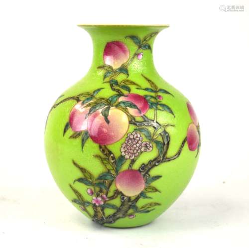 Chinese Green Porcelain Vase with 9 Peaches