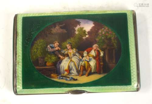 Green Enamel and Silver Box with Painted Top