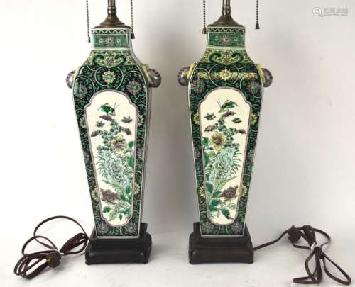 Qing. Pr Chinese Sancai Glazed Vases Lamps