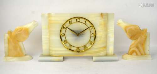Art Deco 3 Pieces Onyx Clock Set