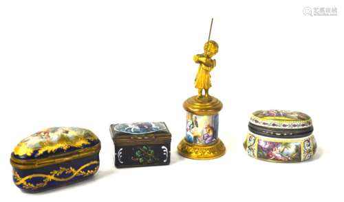 Angel Figure and Three Small Enamel  Boxes
