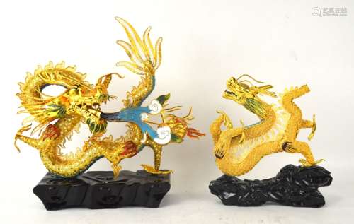 Two Chinese Gilt & Enamel Wire Dragons w  Stands