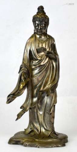 Chinese Gilt Silvered Bronze Figure of Guanyin
