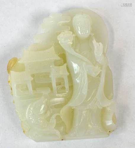 Chinese Carved White Jade Plaque of Guanyin