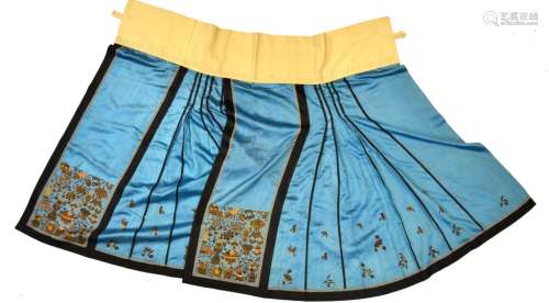 Chinese Sky Blue Silk Embroidered Skirt