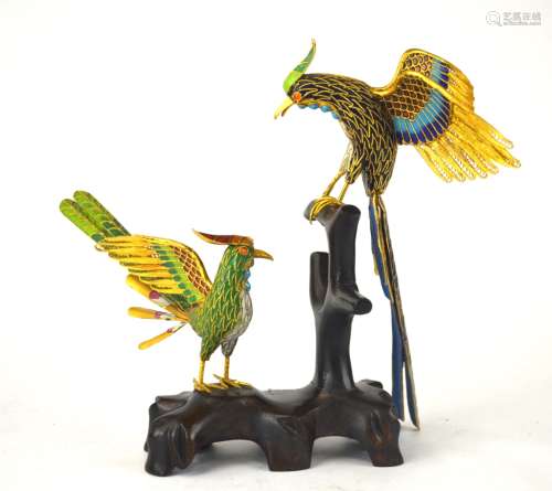 Chinese Cloisonne Enamel Birds on Wood Stand