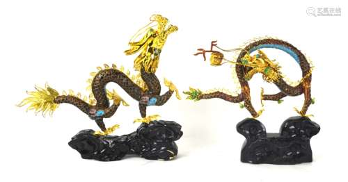 Two Chinese Gilt & Enamel Wire Dragons w  Stands