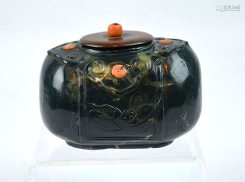 19th C Chinese Carved Opaque Green Agate Water Jar