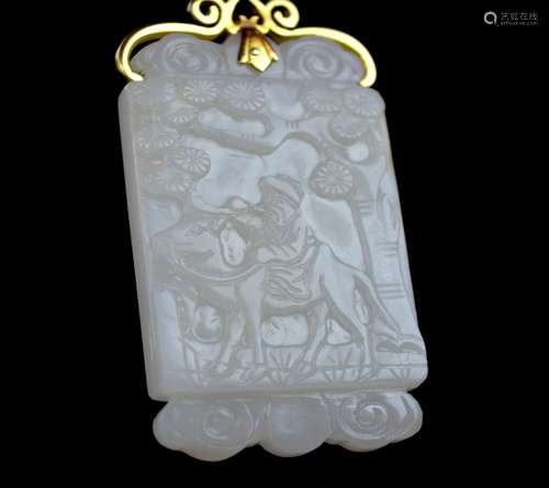 Well Carved Antique Chinese White Jade Pendant 14K