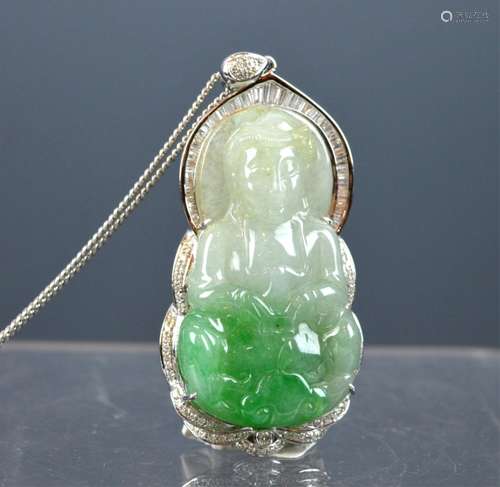 Large Chinese Natural Jadeite Guanyin Pendant