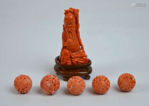 5 - Carved Dragon Coral Beads & Shouxing Figure