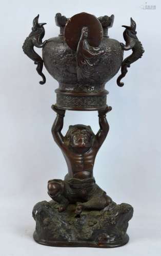 19th C Japanese Bronze Urn Held by an Oni